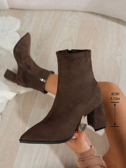 Suede Pointed Toe Block Heel Booties