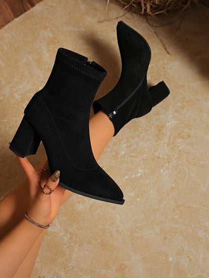Suede Pointed Toe Block Heel Booties
