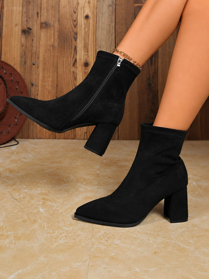 Suede Pointed Toe Block Heel Booties