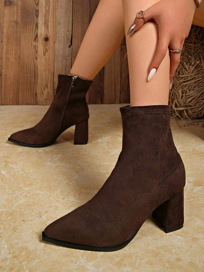 Suede Pointed Toe Block Heel Booties