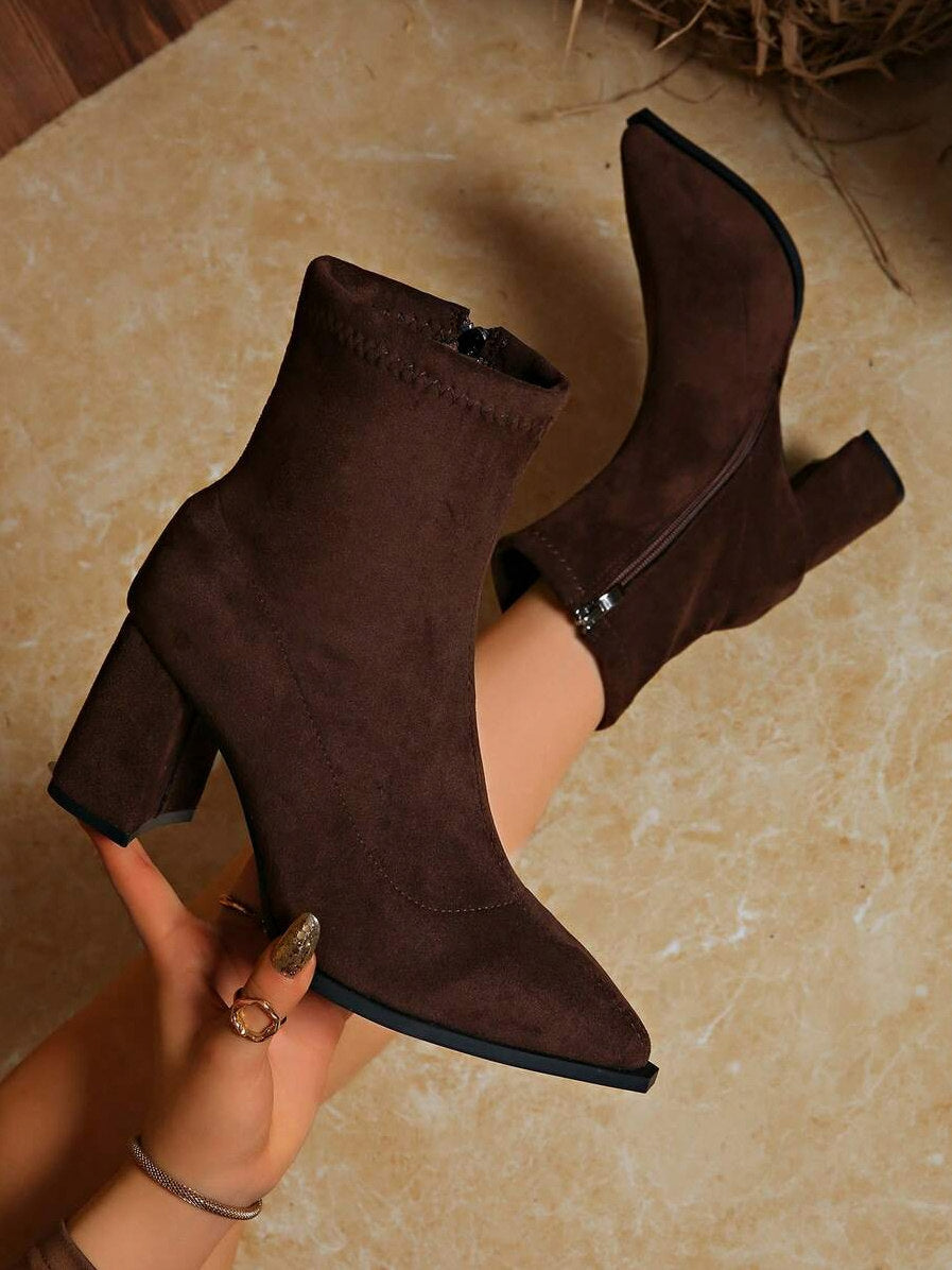 Suede Pointed Toe Block Heel Booties