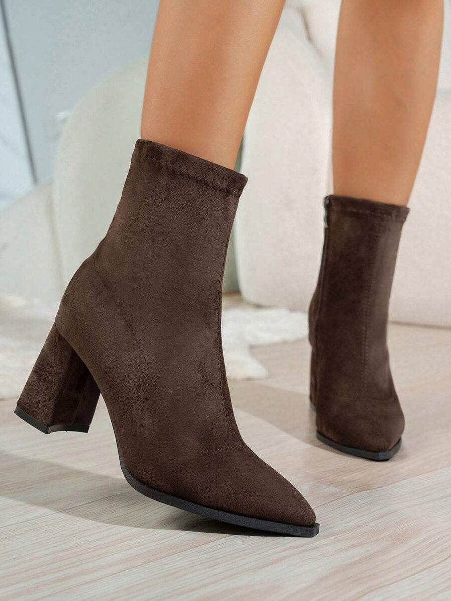 Suede Pointed Toe Block Heel Booties