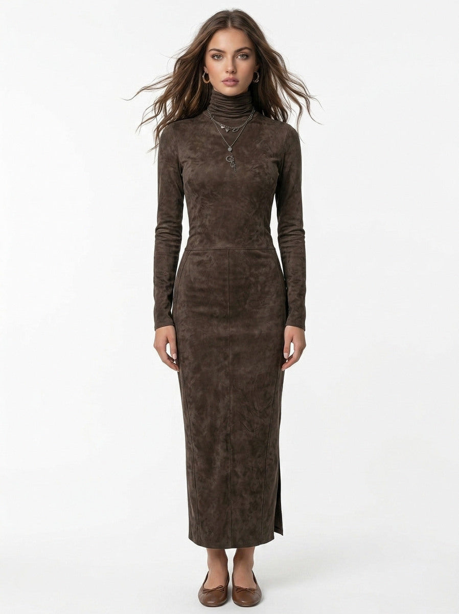Suede Turtleneck Long Sleeve Maxi Dress