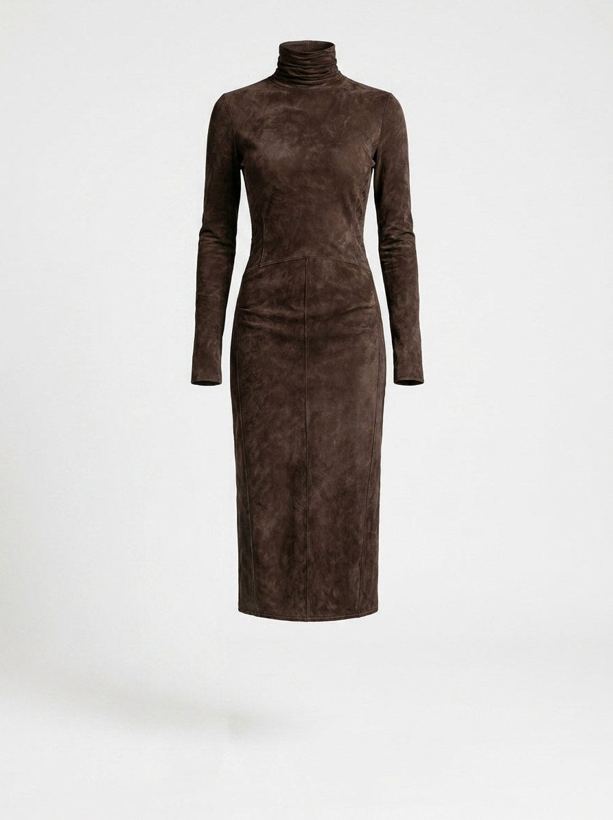 Suede Turtleneck Long Sleeve Maxi Dress