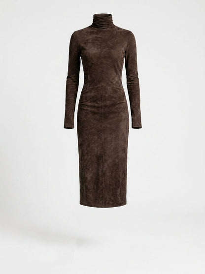 Suede Turtleneck Long Sleeve Maxi Dress
