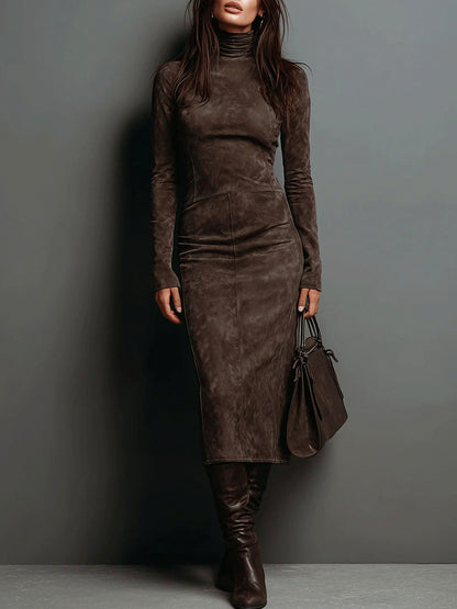 Suede Turtleneck Long Sleeve Maxi Dress