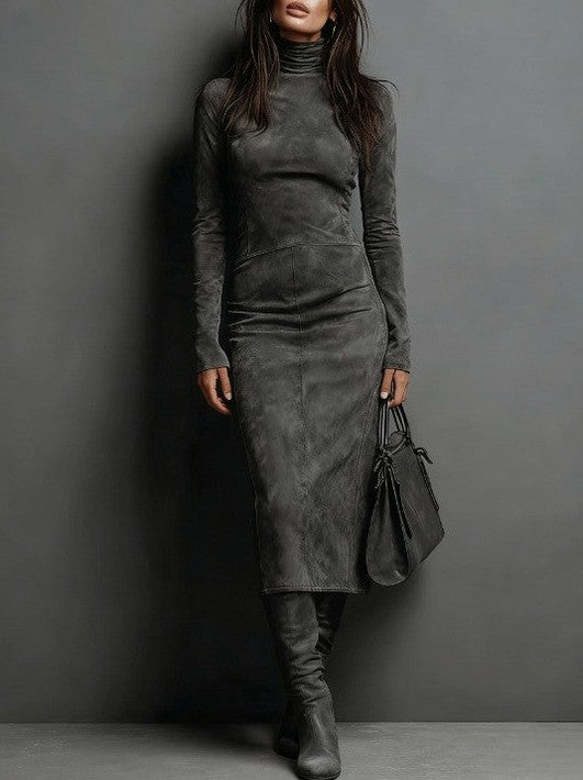 Suede Turtleneck Long Sleeve Maxi Dress
