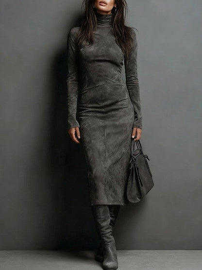 Suede Turtleneck Long Sleeve Maxi Dress
