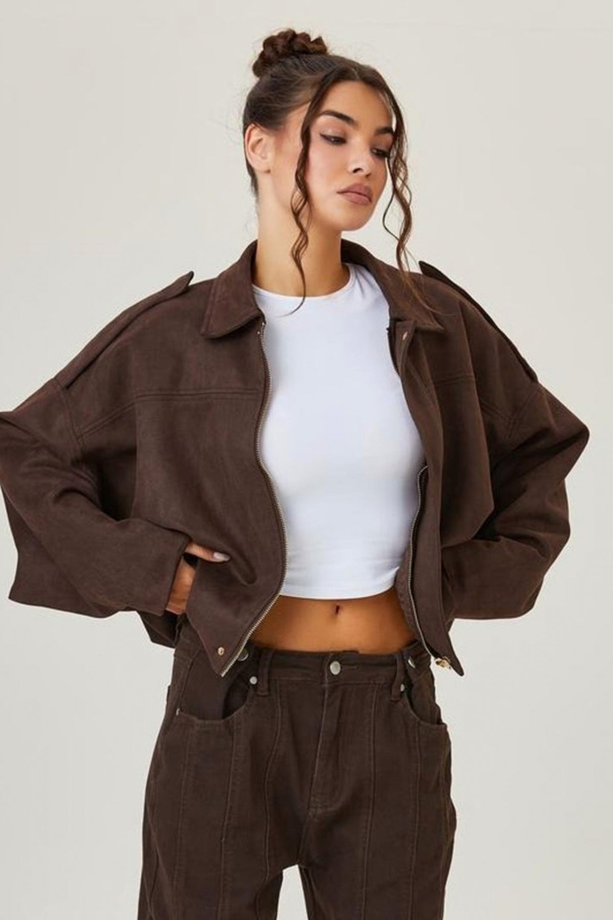 Suede Zip Front Cropped Jacket