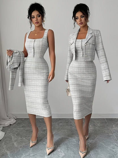Tweed Plaid Midi Dress Set