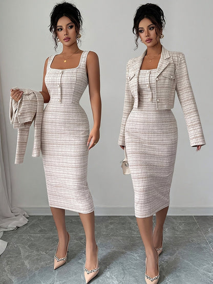 Tweed Plaid Midi Dress Set