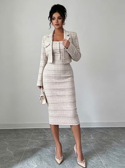 Tweed Plaid Midi Dress Set