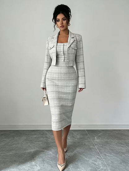 Tweed Plaid Midi Dress Set