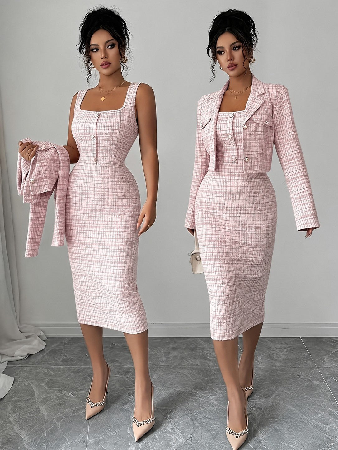 Tweed Plaid Midi Dress Set