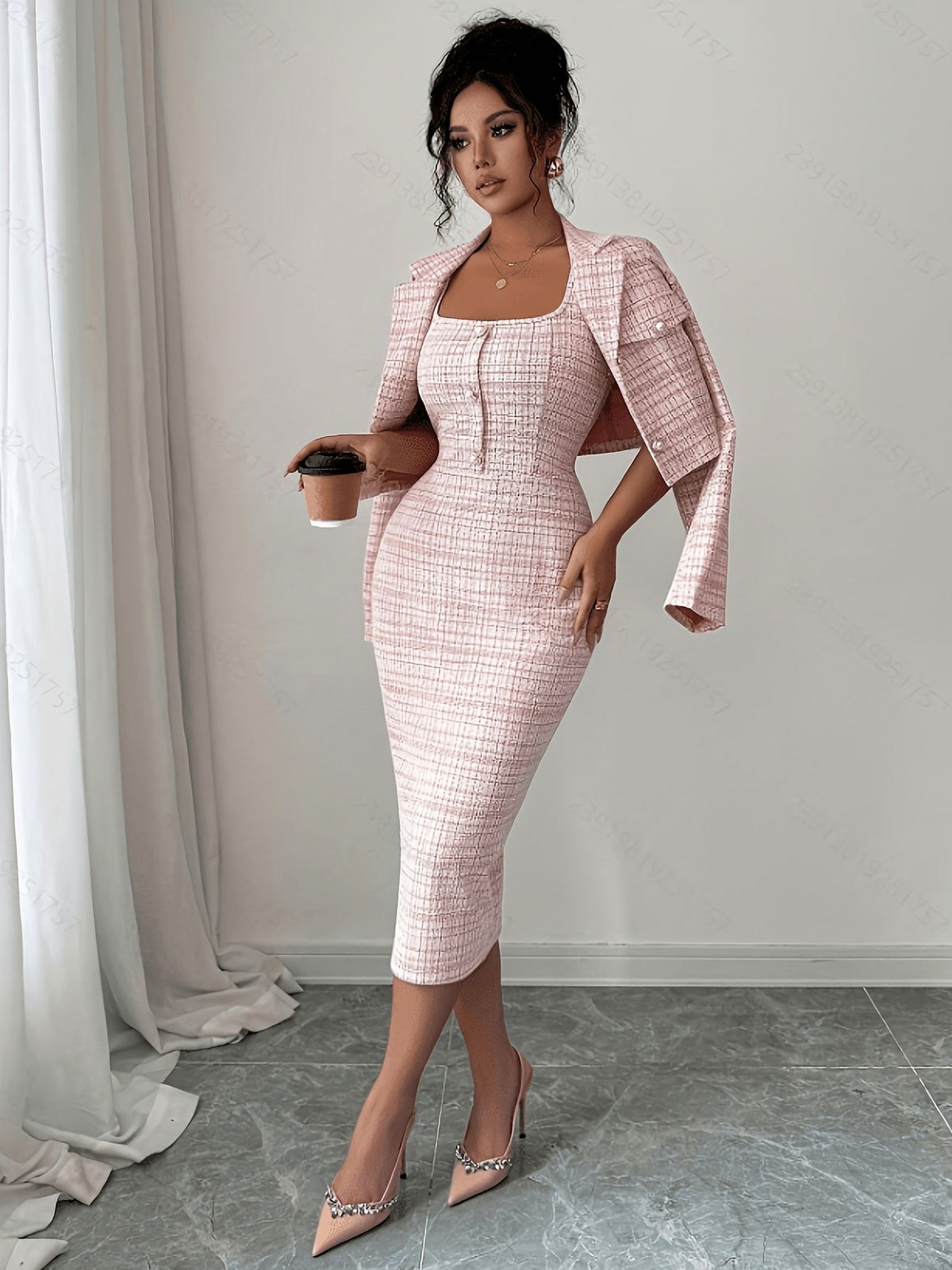 Tweed Plaid Midi Dress Set