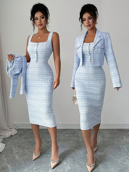 Tweed Plaid Midi Dress Set