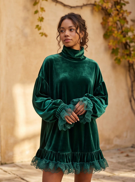 Velvet Lace Trim Mini Dress