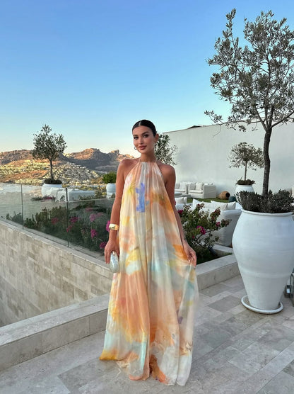 Watercolor Halter Pleated Maxi Dress