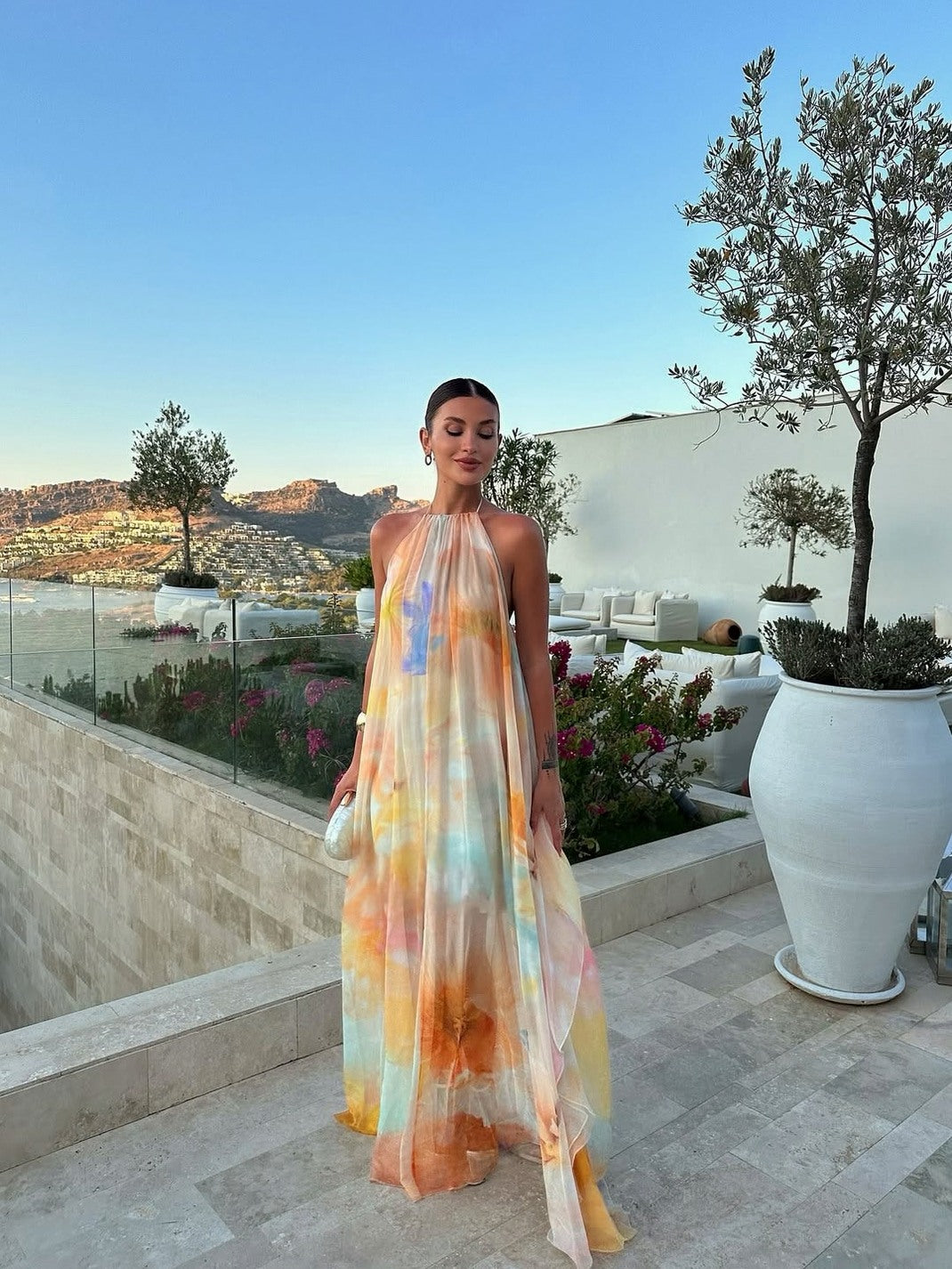 Watercolor Halter Pleated Maxi Dress
