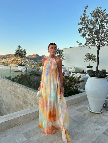 Watercolor Halter Pleated Maxi Dress