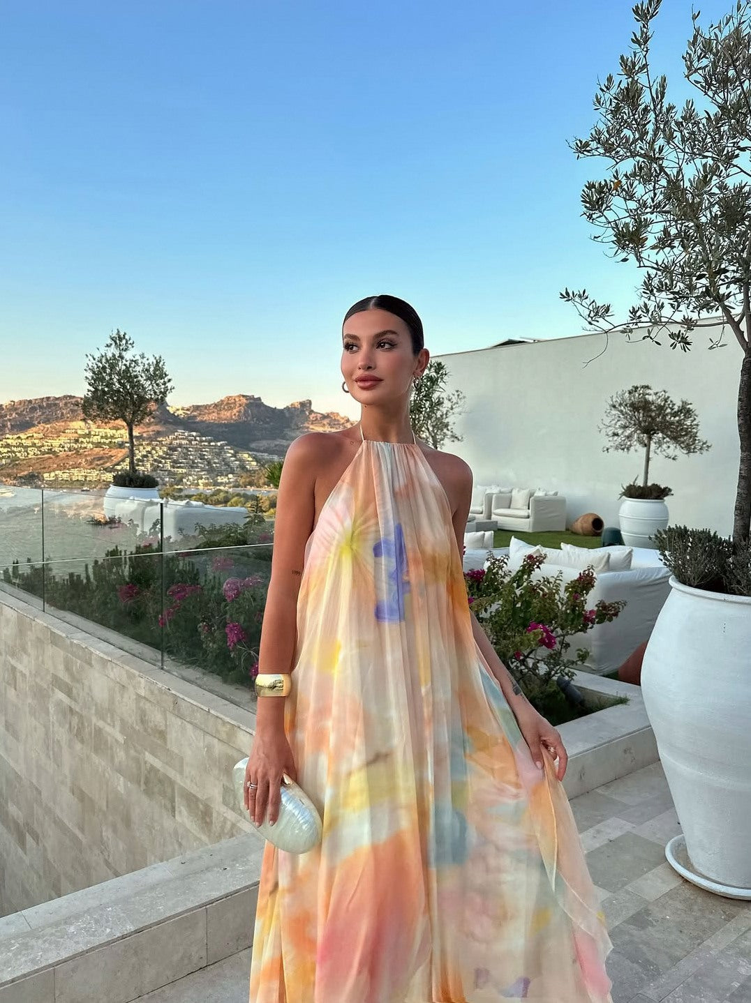 Watercolor Halter Pleated Maxi Dress