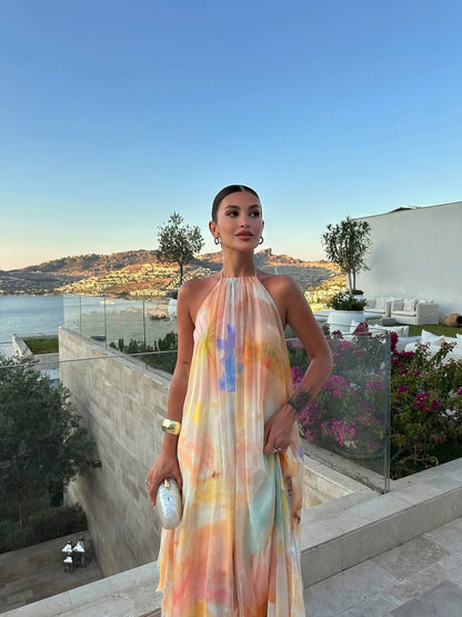 Watercolor Halter Pleated Maxi Dress