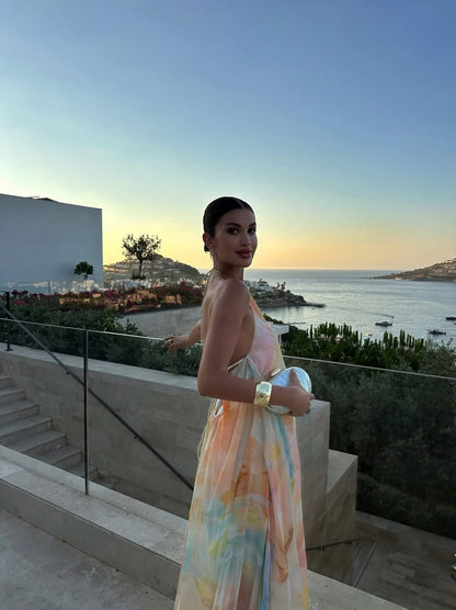 Watercolor Halter Pleated Maxi Dress