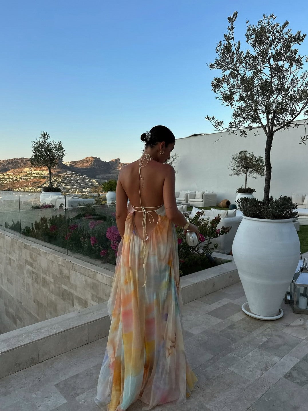 Watercolor Halter Pleated Maxi Dress
